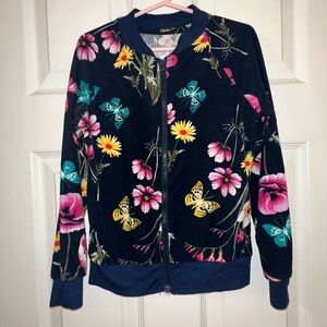 Wonder Nation Girls XSMALL (4-5) Jacket Floral Butterflies Navy Blue Zipper EUC